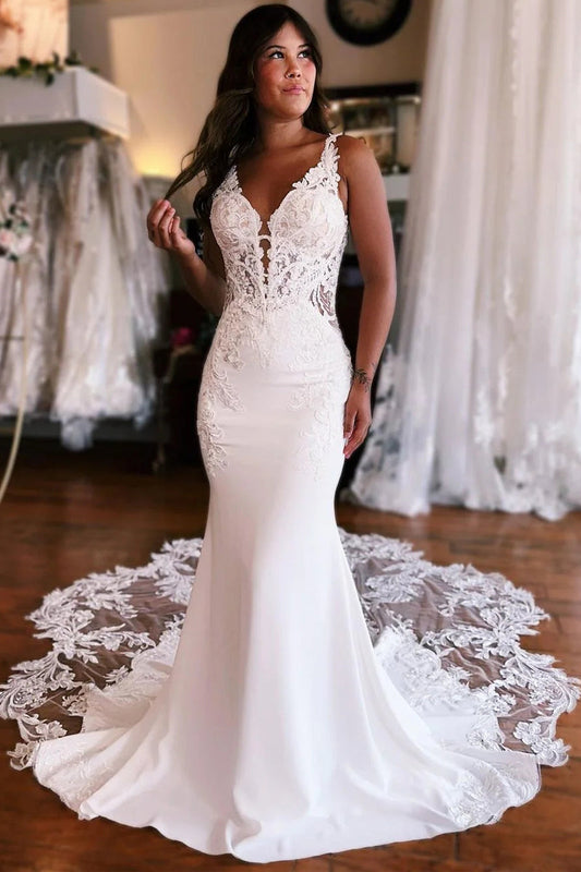 Elegant Mermaid V Neck Satin Wedding Dresses/Gowns with Lace HS23060506