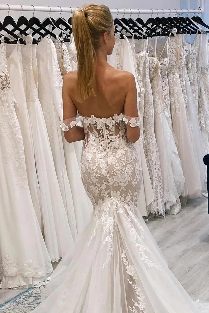 Boho Mermaid Off the Shoulder Tulle Wedding Dresses Gown with Appliques HS913