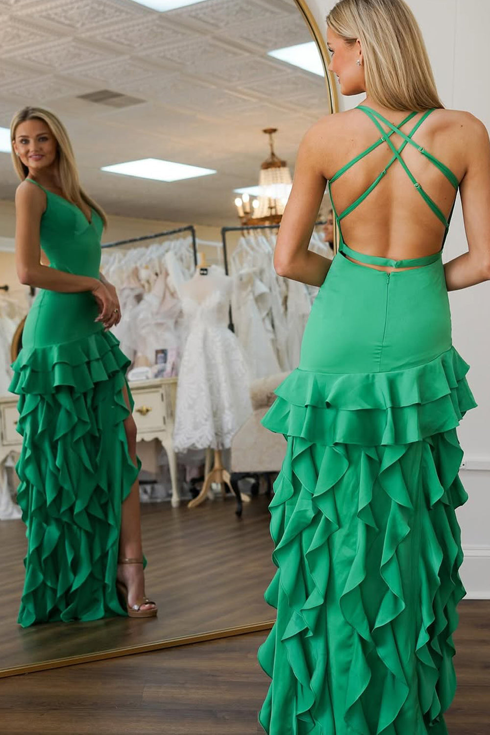 Stunging Sheath V Neck Green Satin Ruffeld Prom Dress Gown with Slit LF1402