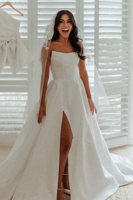 A-Line White Satin Strapless Wedding Dresses Gown with Slit HS759