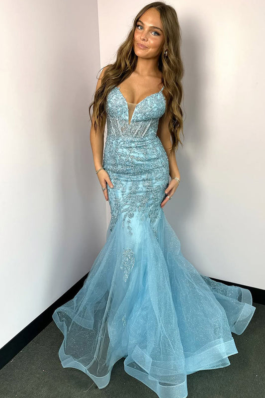 Glamorous Mermaid V Neck Blue Lace Prom Dress Gown with Beading LF1228