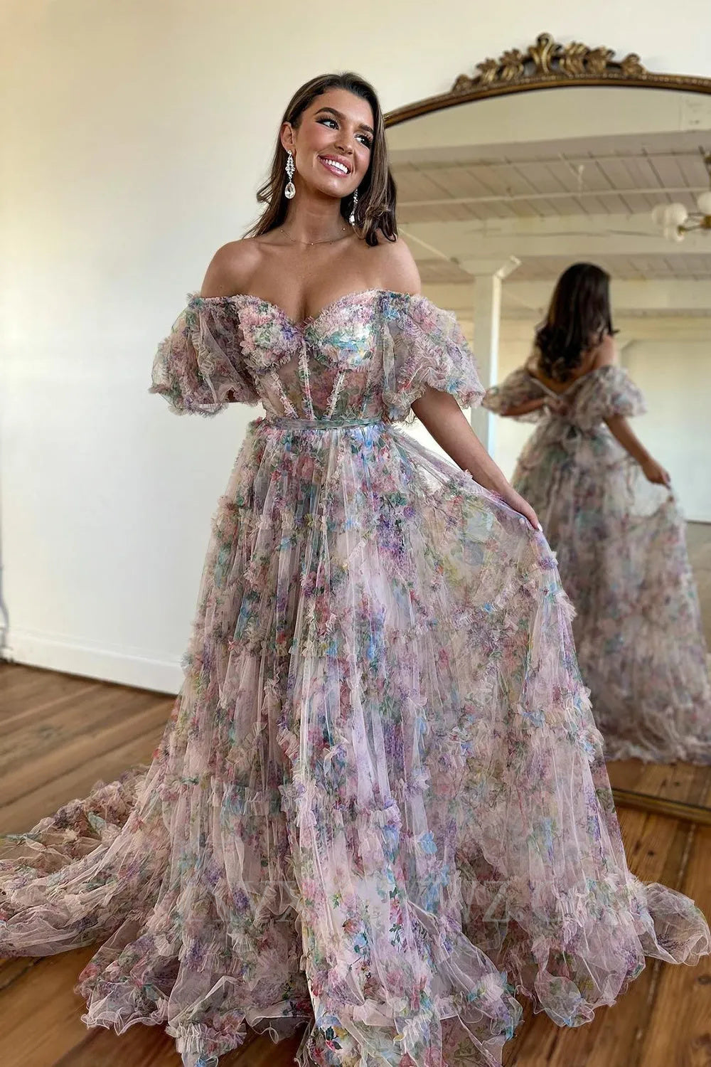 Ivory Red Flower Off The Shoulder Prom Dress LF030