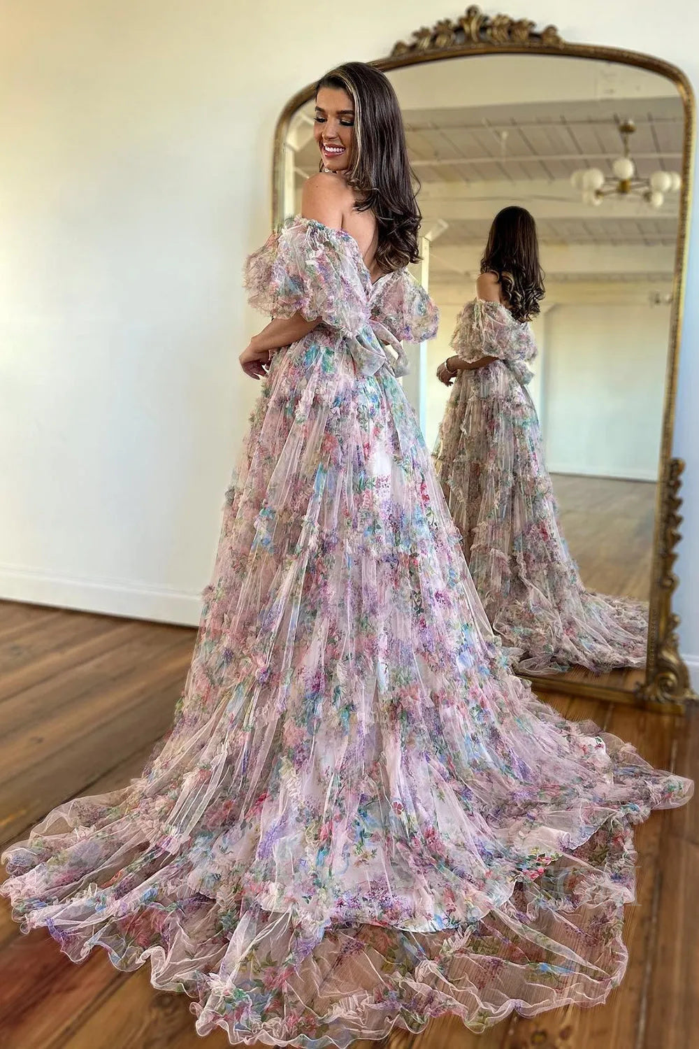 Ivory Red Flower Off The Shoulder Prom Dress LF030