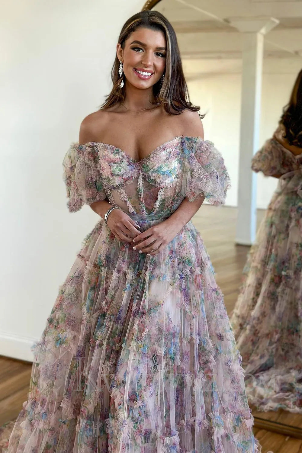 Ivory Red Flower Off The Shoulder Prom Dress LF030