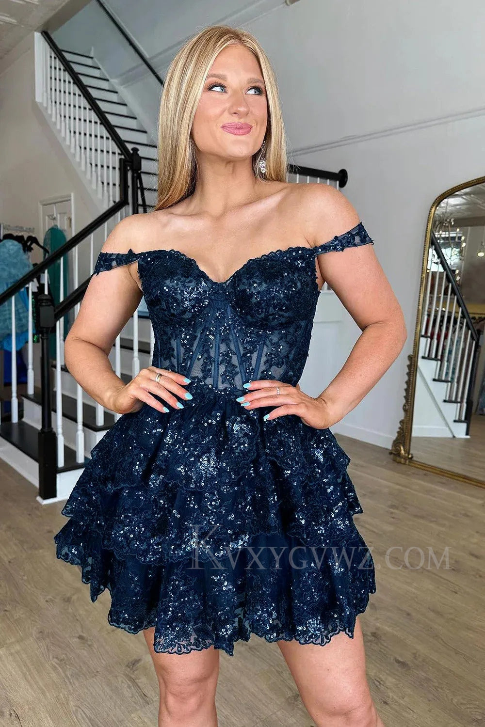 Elegant Off The Shoulder Blue A line Cocktail/Prom Dress LF370