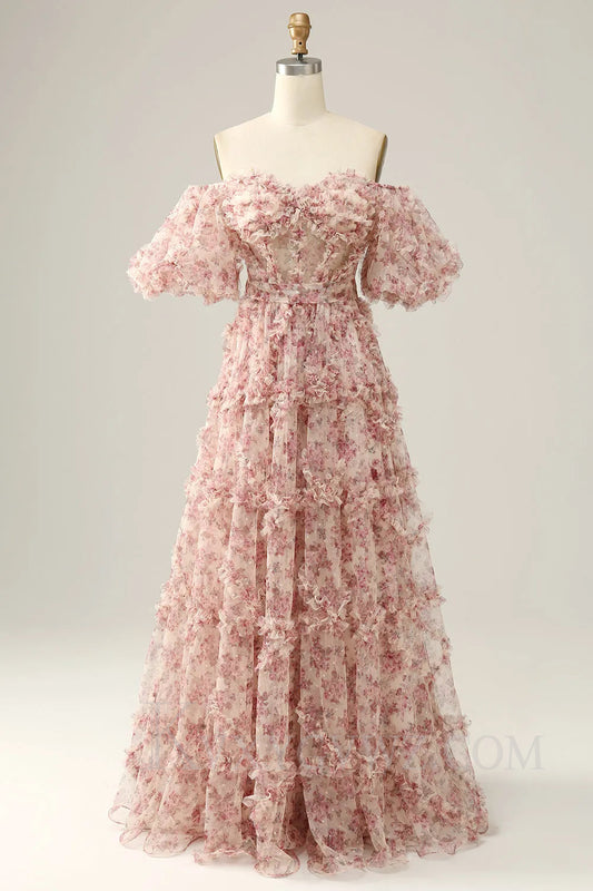 Ivory Red Flower Off The Shoulder Prom Dress LF030