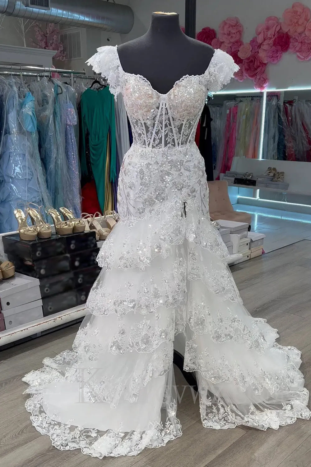 Red Off The Shoulder Tiered Sequins Sweep Train Prom Dress LF031