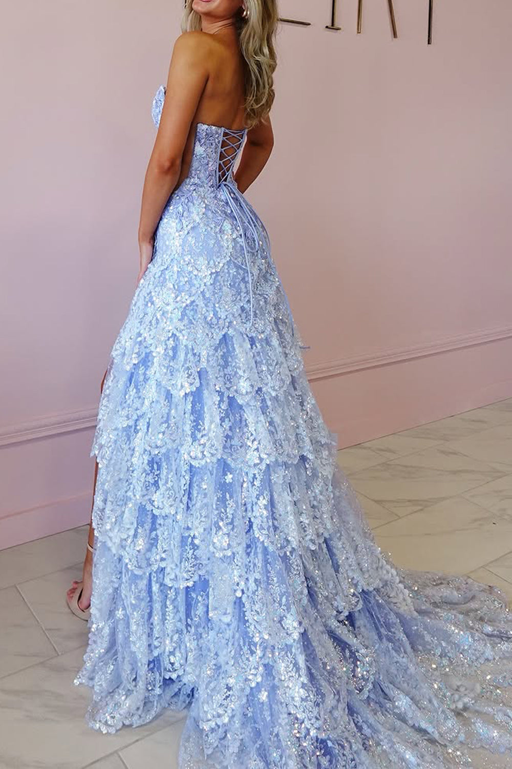 A-Line Strapless Lavender Sequin Lace Ruffle Tiered Long Prom Dress Gown with Slit LF1285