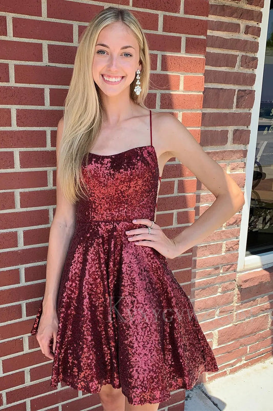 Burgundy Sequins Homecoming/Cocktail Dress with Criss Cross Back LF316