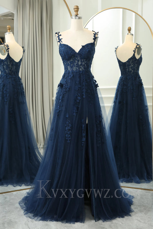 Spaghetti Straps Navy Sweetheart Sweep Train Prom Dress with Appliques LF032