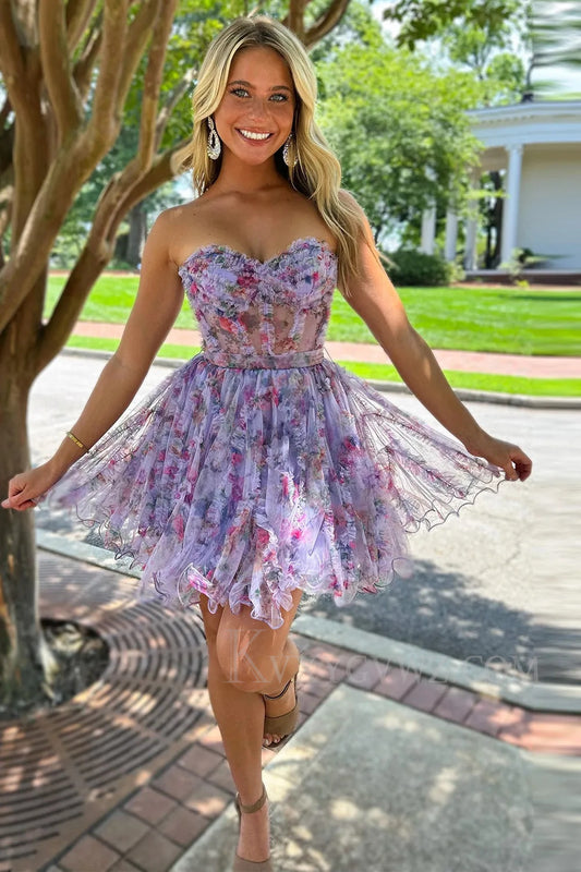 Lilac Corset Sweetheart Floral A-Line Short Homecoming/Cocktail Dress with Ruffles LF322