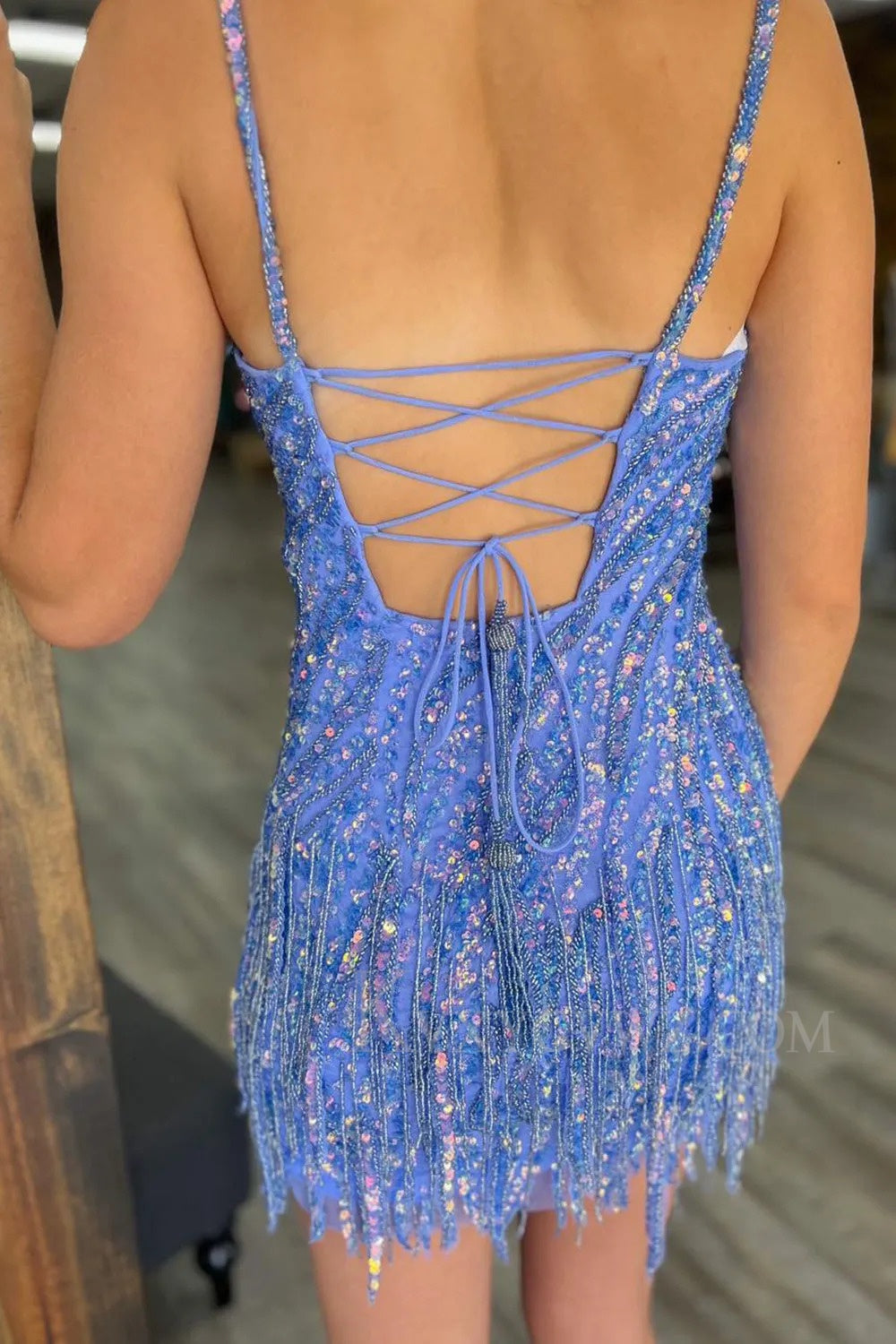 Sparkly Golden Spaghetti Straps Sequins Fringed Tight Short Homecoming/Cocktail Dress LF325