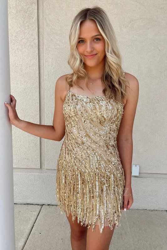Sparkly Golden Spaghetti Straps Sequins Fringed Tight Short Homecoming/Cocktail Dress LF325