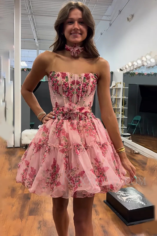 Pink Flower Strapless A Line Ruffled Short Corset Homecoming/Cocktail Dress LF328
