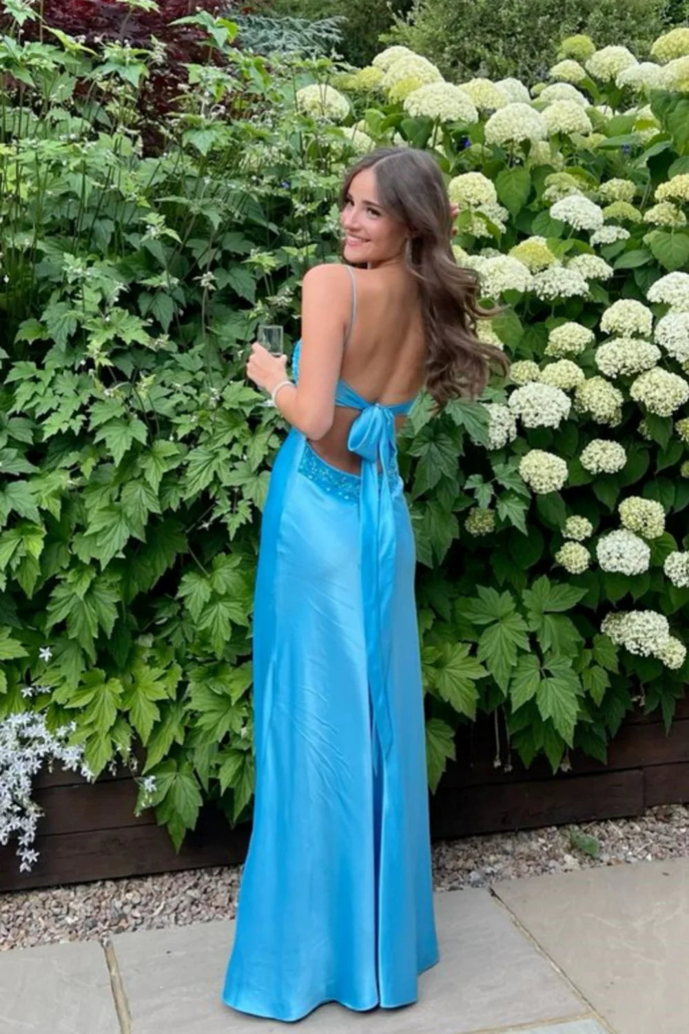 Sheath V Neck Blue Silk Satin Prom Dress Gown with Beading LF1190