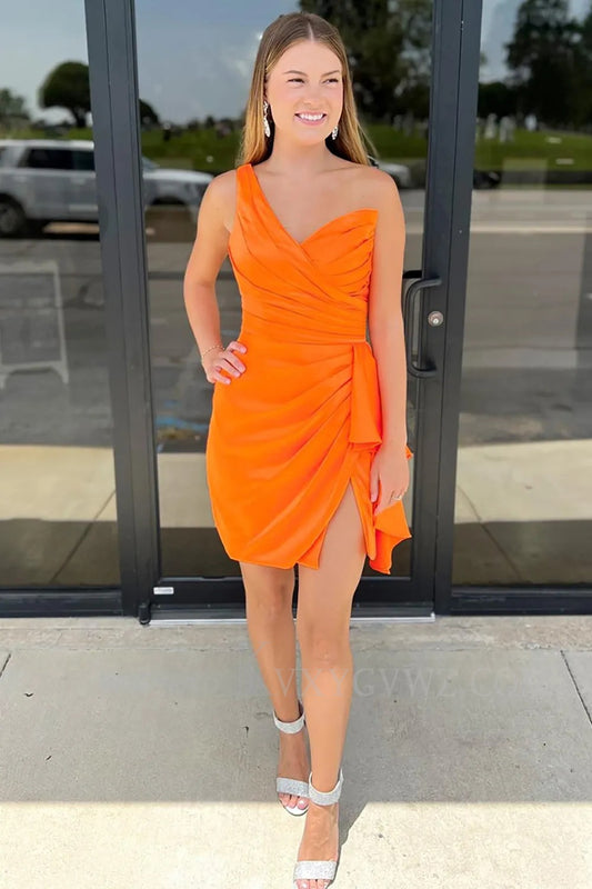 Orange One Shoulder Satin Tight Short Homecoming/Cocktail Dress with Slit LF329