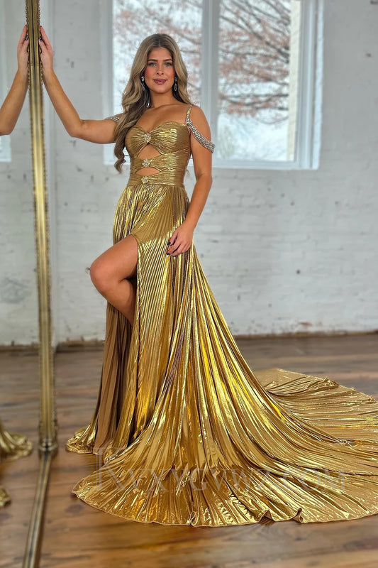 Sparkly Golden Cut Out Beaded A-Line Metallic Pleated Long Prom Dress with Slit LF033