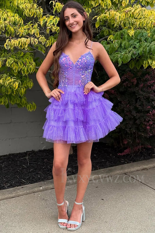 Glitter Lavender Ruffled Short Corset Homecoming/Cocktail Dress with Sequins LF331