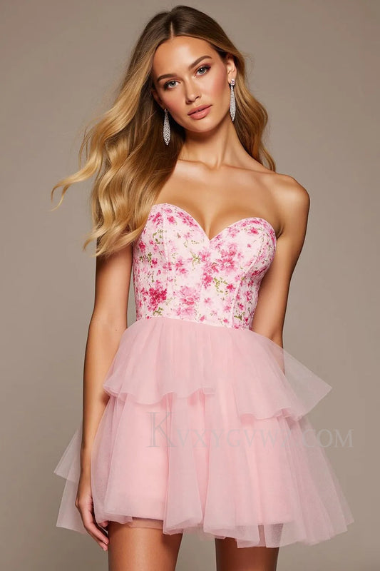 Pink Tulle Floral Sweetheart Short Homecoming/Cocktail Dress LF334