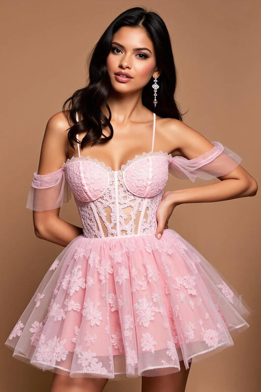 Lace Pink Cold Shoulder A Line Short Corset Homecoming/Cocktail Dress LF338