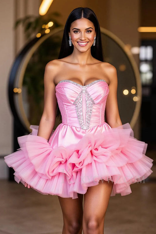 Sparkly Hot Pink A Line Strapless Tiered Short Homecoming/Cocktail Dress LF340