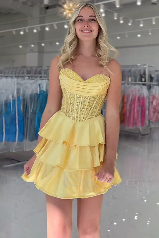 Yellow A Line Satin Short Corset Homecoming/Cocktail Dress with Lace LF343
