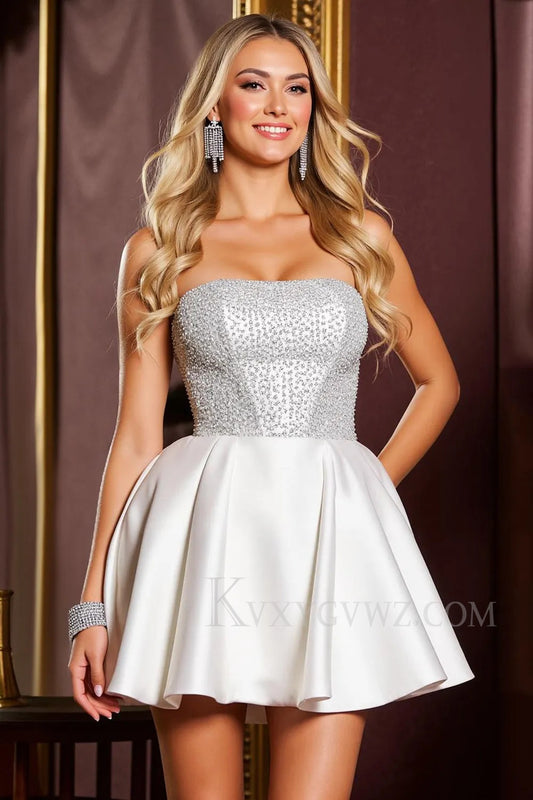Sparkly White Strapless Satin Short Homecoming/Cocktail Dress with Beading LF347