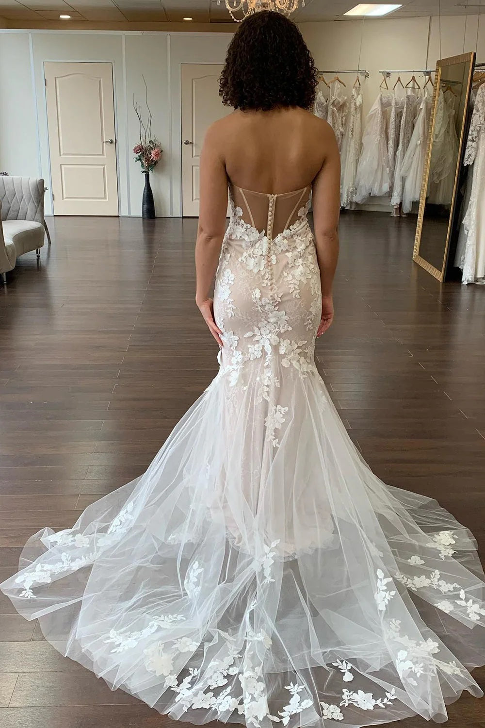 Pastoral Style Mermaid Sweetheart Lace Long Wedding Dresses Gown with Appliques HS886