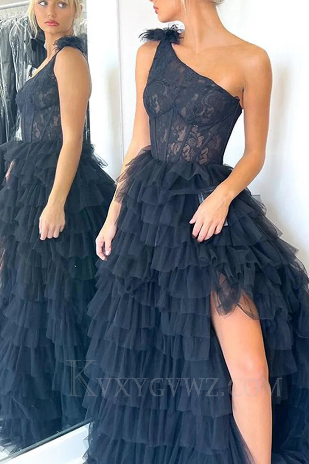 Black One Shoulder Corset Tiered Long Prom Dress with Ruffles LF035