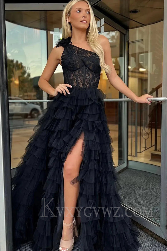 Black One Shoulder Corset Tiered Long Prom Dress with Ruffles LF035