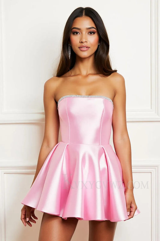 Sparkly Pink Satin Strapless Short Homecoming/Cocktail Dress with Beading LF351