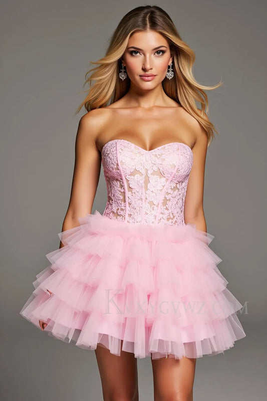 Pink Ruffled Sweetheart Short Corset Homecoming/Cocktail Dress with Lace LF354