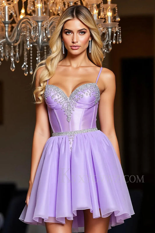 Sparkly Purple A Line Short Corset Homecoming/Cocktail Dress with Beading LF356