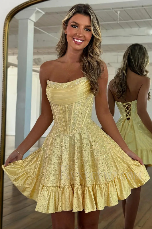 Sparkly Yellow Beaded Strapless Short Corset Homecoming/Cocktail Dress LF357