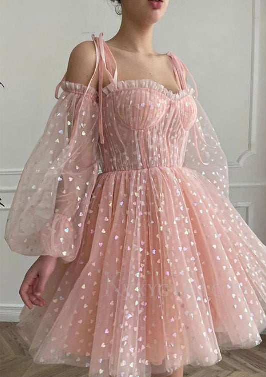 A-line Princess Sweetheart Full/Long Sleeve Short/Mini Tulle Homecoming/Cocktail Dress with Pleated Sequins LF365