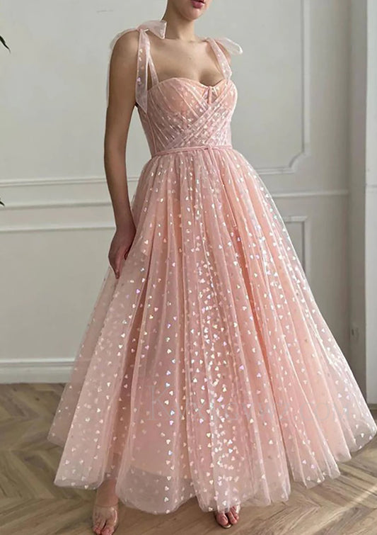 A-line Sweetheart Sleeveless Ankle-Length Tulle Homecoming Dress with Pleated LF366