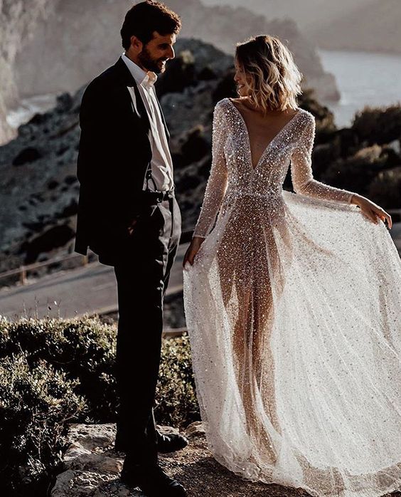 Sparkly A Line V Neck See-Through Sequins Wedding Dresses/Gowns with Long Sleeves HS22051601