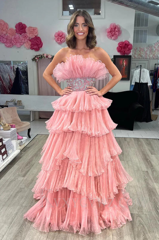 Glitter Blush A-Line Beaded Long Tulle Tiered Prom Dress with Ruffles LF037