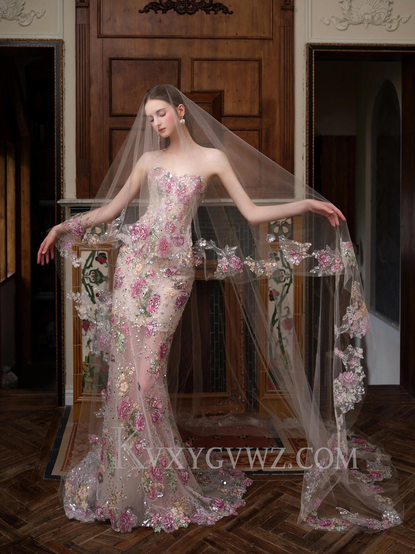 Sparkly Sweetheart Mermaid 3D Lace Appliqued Sweep Train Prom Dresses LF372