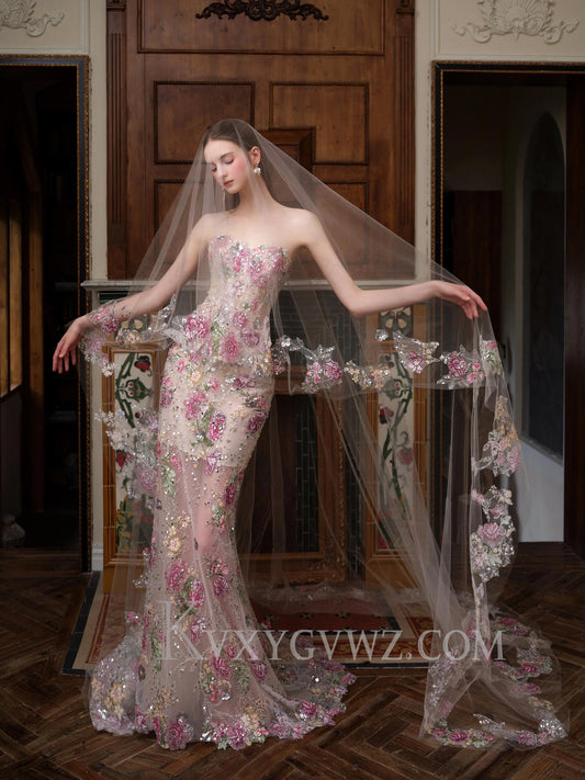 Sparkly Sweetheart Mermaid 3D Lace Appliqued Sweep Train Prom Dresses LF372