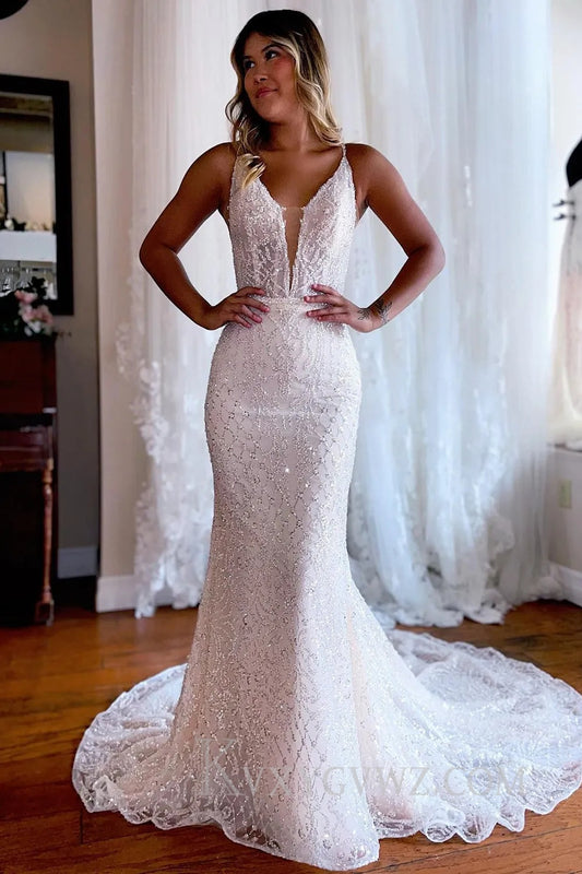 Sparkly Mermaid White Lace Backless Sweep Train Long Wedding Dress HS373