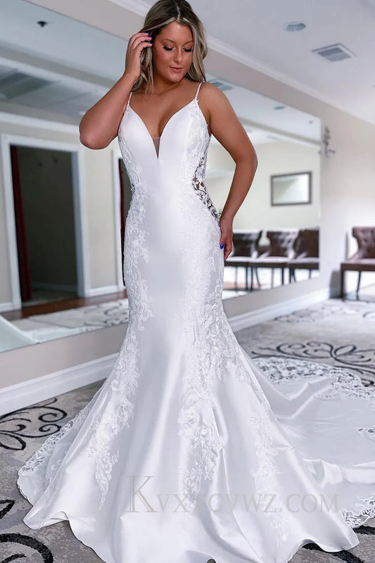 White Mermaid Long Satin Wedding Dress with Lace HS375