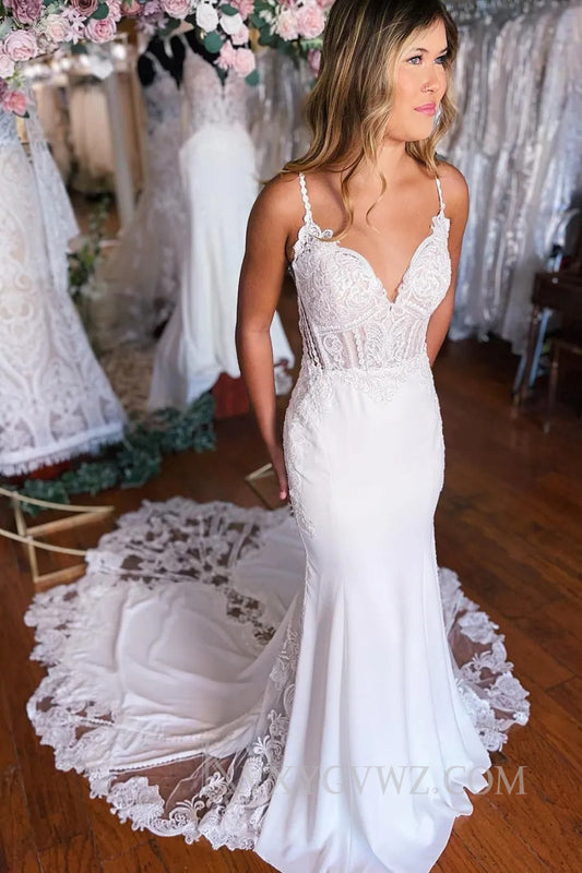 White Boho Mermaid Spaghetti Straps Long Wedding Dress with Lace HS376