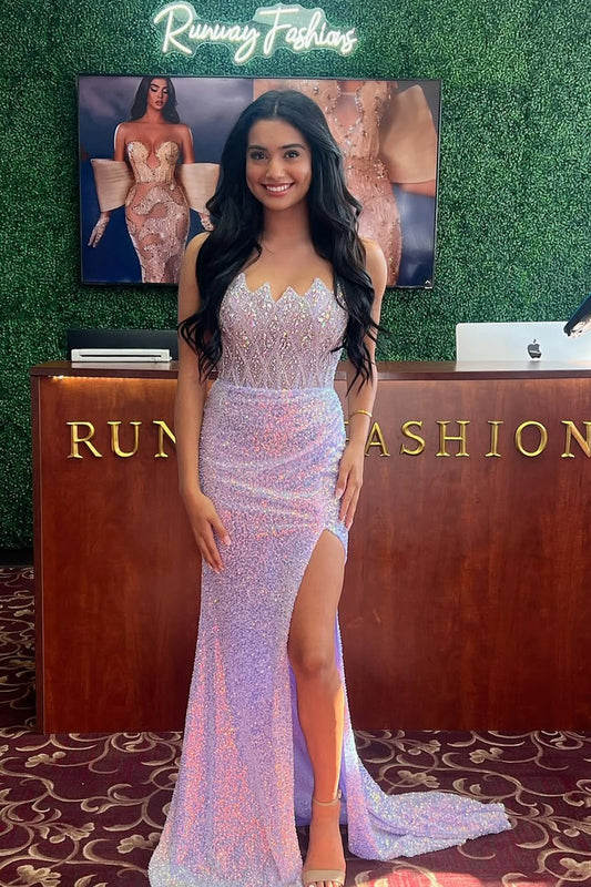 Mermaid Strapless Lilac Sequins Long Prom Dress Gown with Slit LF1355