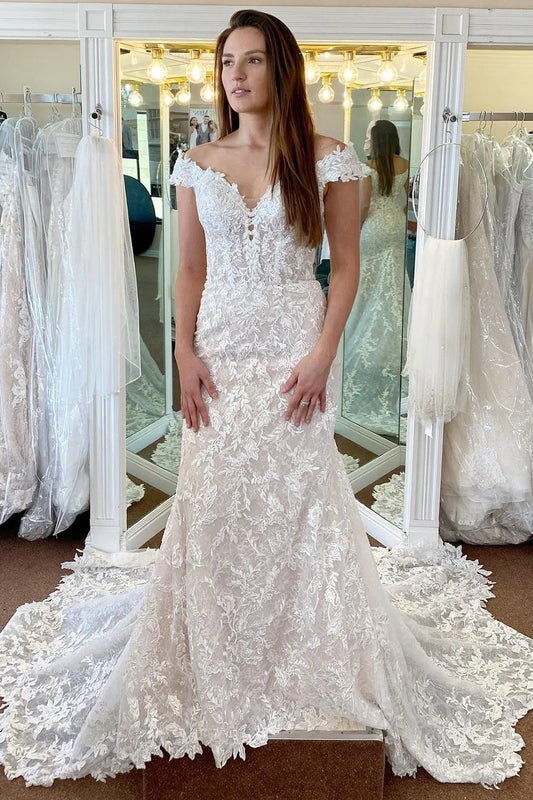 Ivory Off the Shoulder Long Lace Mermaid Wedding Dress HS377