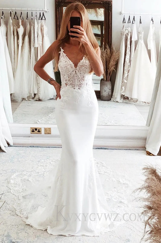 White Mermaid Lace Long Backless Wedding Dress with Button HS378