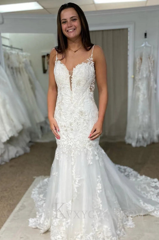 Mermaid Tulle Spaghetti Straps White Long Wedding Dress with Appliques HS379