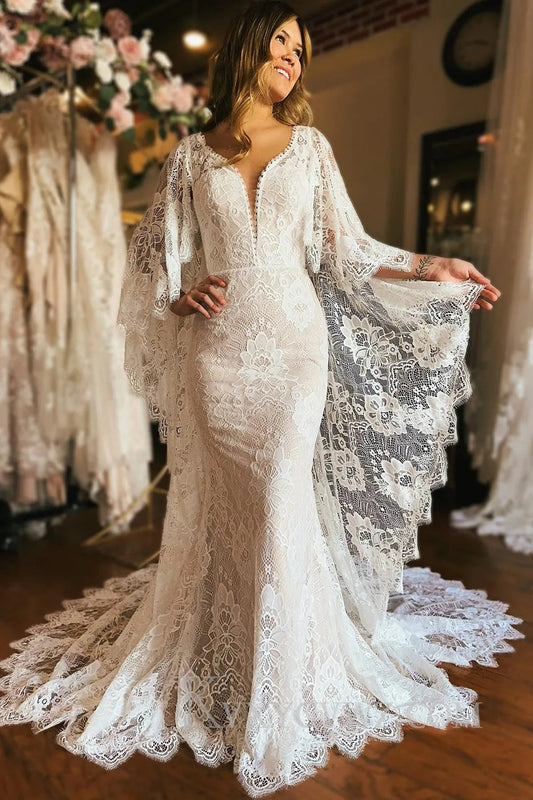 Ivory Long Sleeve Cape Lace Mermaid Wedding Dress with Appliques HS381