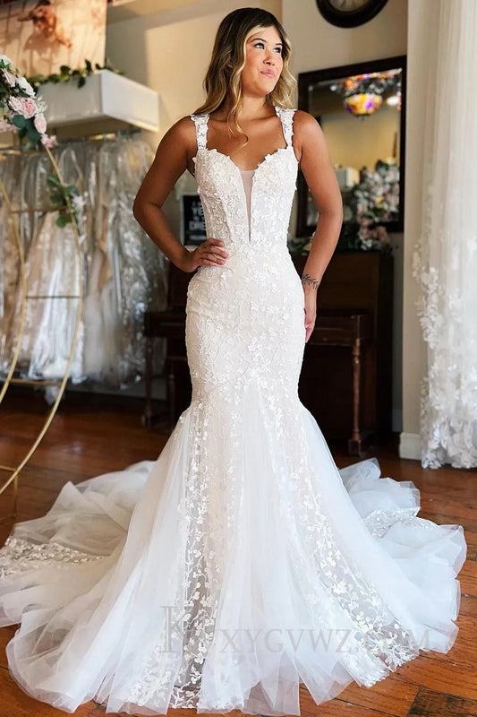 Mermaid White Lace Sweep Train Long Wedding Dress HS382