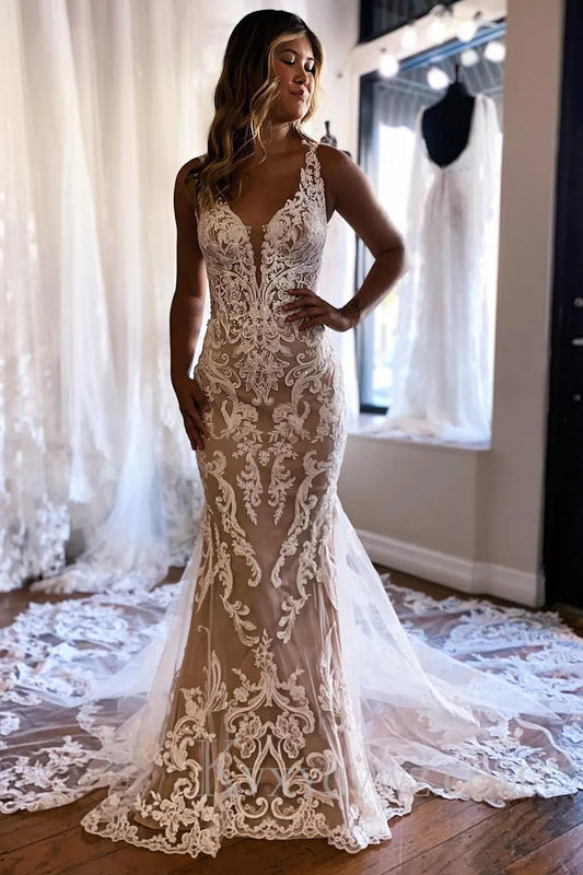 Champagne V-Neck Mermaid Long Lace Wedding Dress HS383